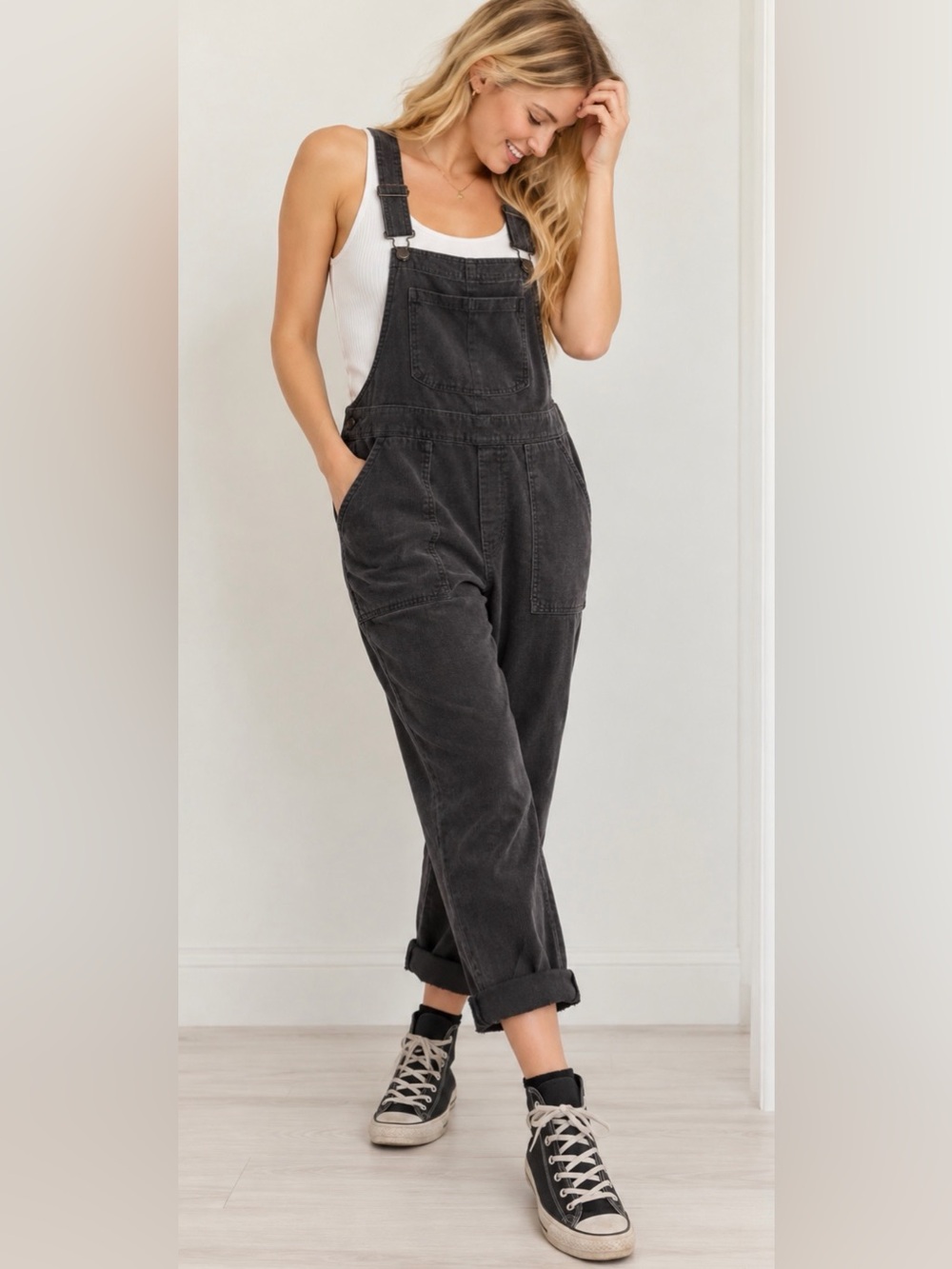aerie Corduroy Overalls in a washed dark gray/charcoal
